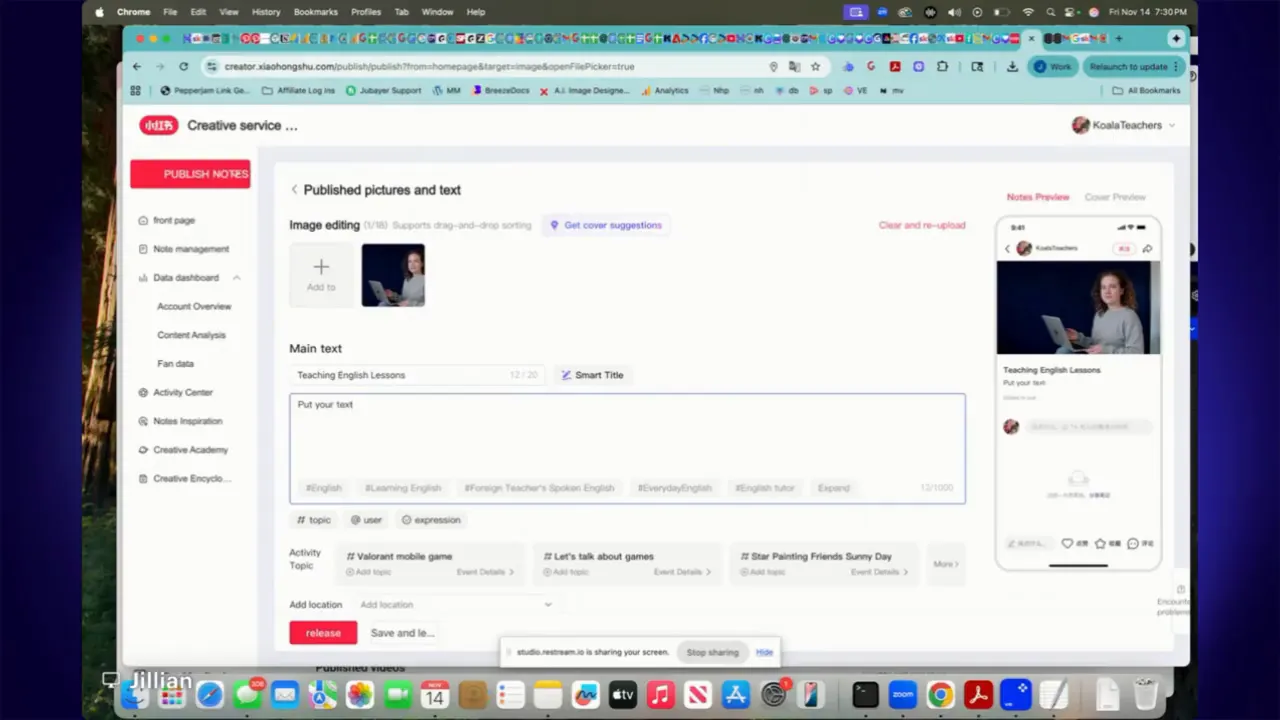 Xiaohongshu publish notes editor with title field and main text box visible