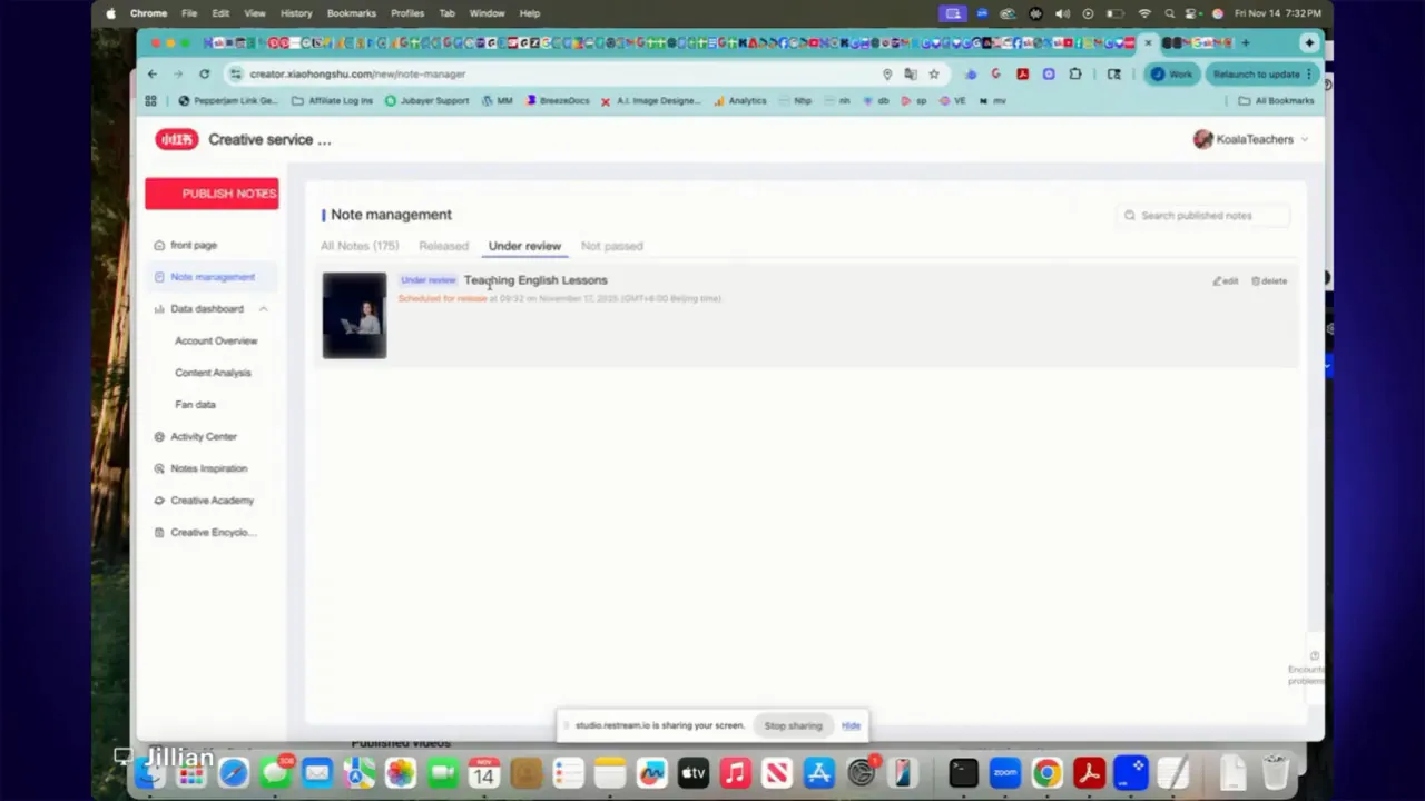 Xiaohongshu Note Management page filtered to 'Under review' with a single scheduled note titled 'Teaching English Lessons' and its scheduled release info