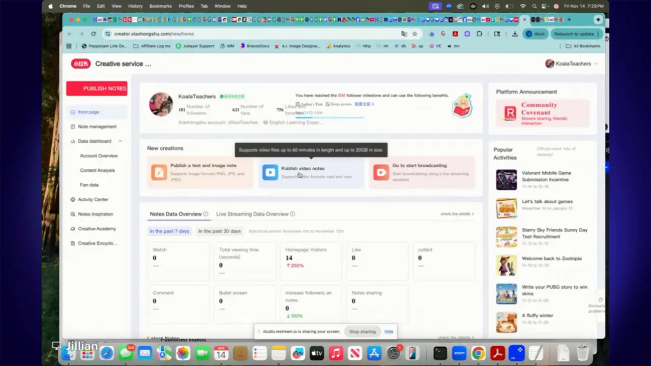 Xiaohongshu Publish Notes options showing 'Publish a text and image note', 'Publish video notes', and 'Go to start broadcasting'