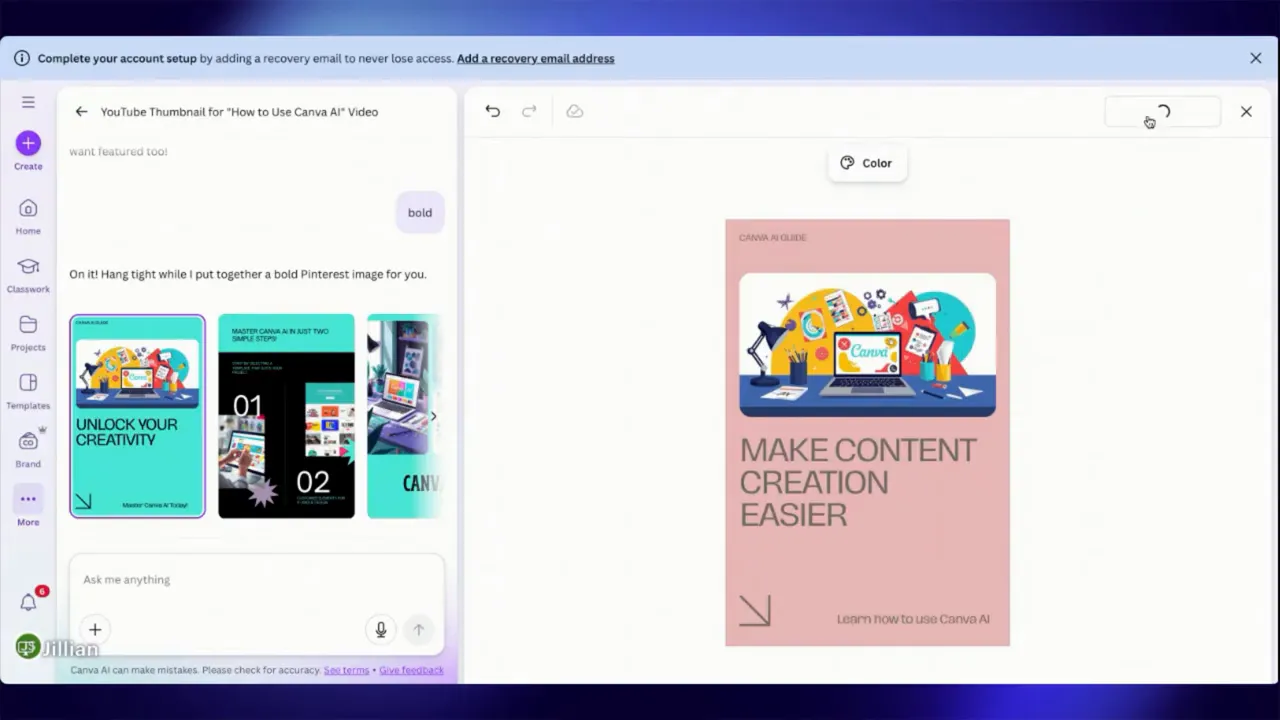 Clear screenshot of Canva AI showing multiple generated designs on the left and a pink editable social-media design on the right with the editor controls visible