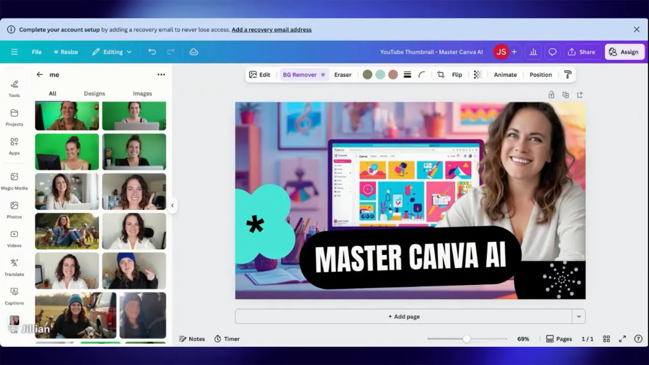 Canva editor showing a headshot placed on a YouTube thumbnail with the BG Remover tool highlighted