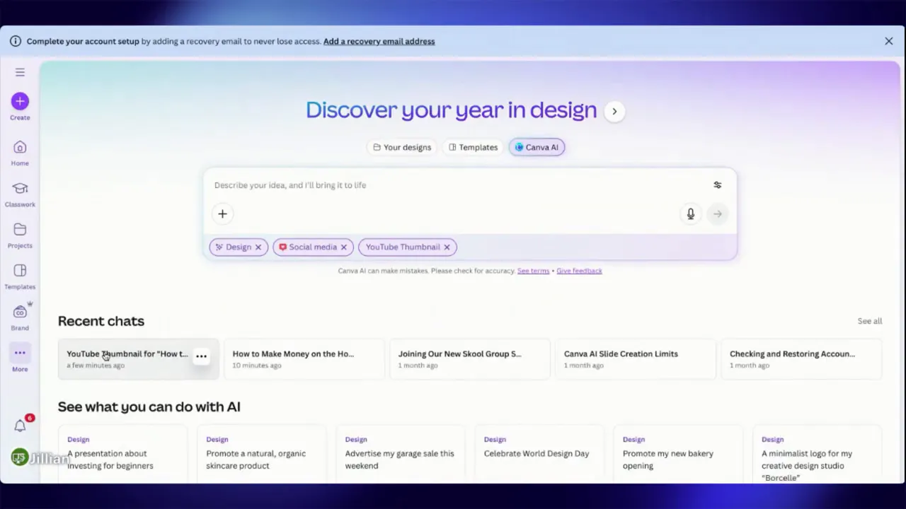 Canva Home screen showing a prominent Canva AI prompt box and navigation sidebar