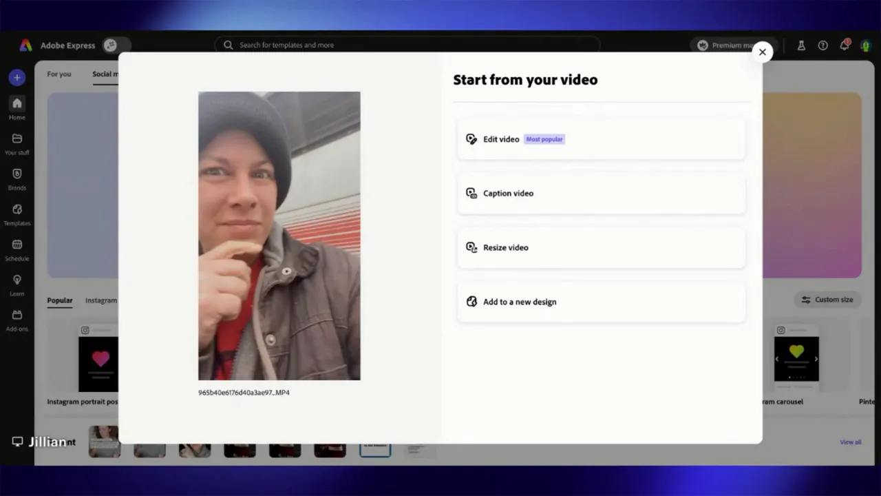 Adobe Express 'Start from your video' popup showing a vertical video preview on the left and action options including 'Caption video' on the right.