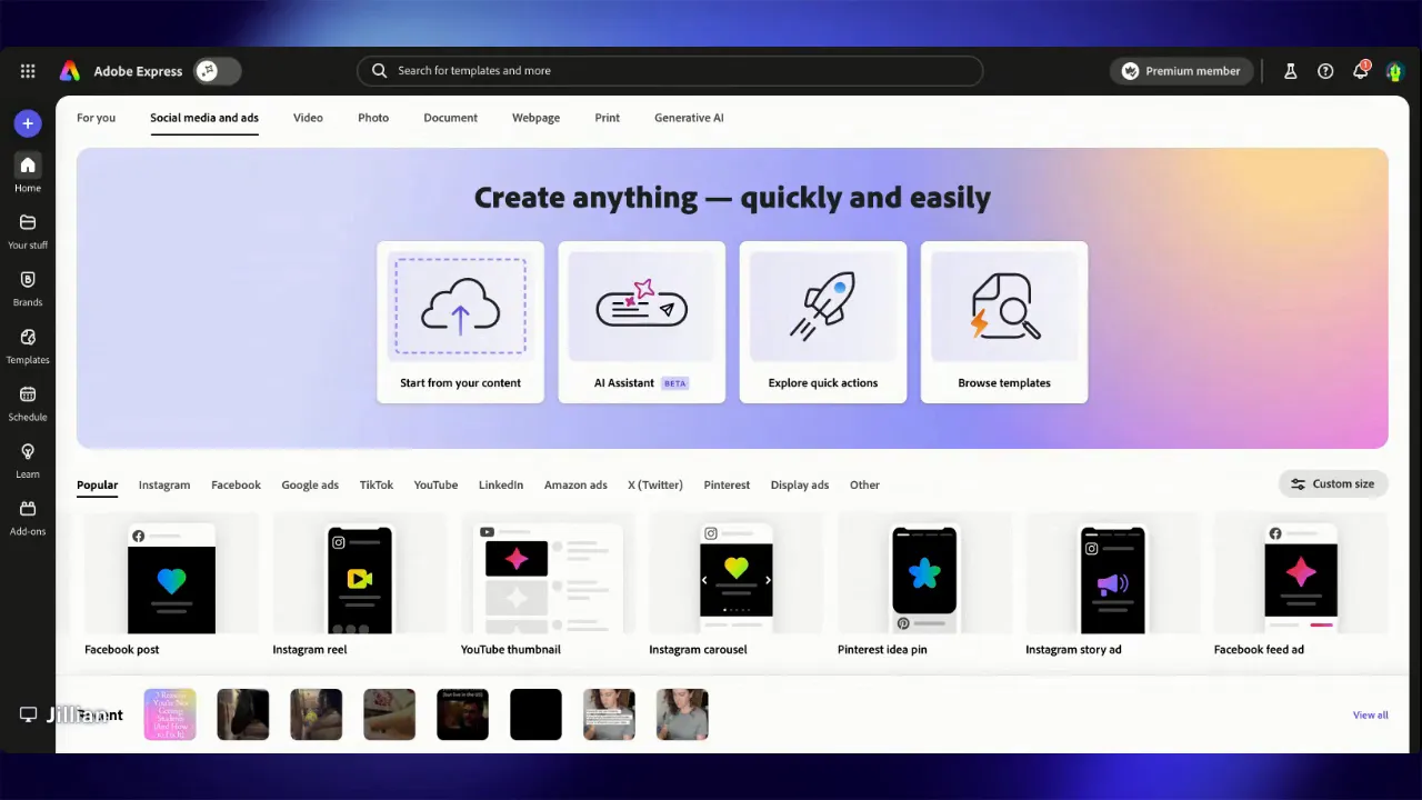 Adobe Express home screen showing template options including Instagram carousel