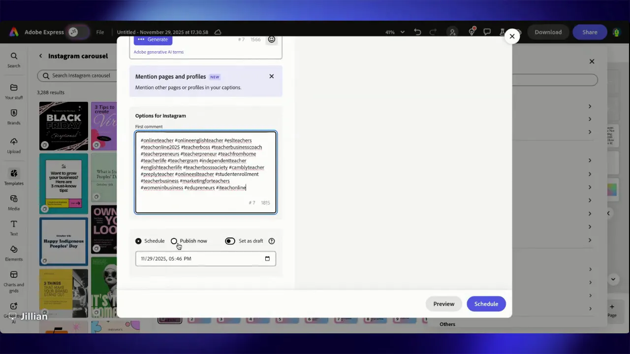 Adobe Express 'Share' scheduling panel showing the 'First comment' field filled with hashtags and radio buttons for Schedule / Publish now.