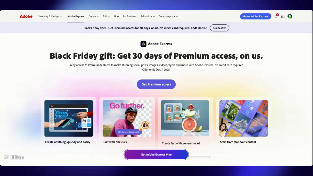 Adobe Express landing page with Black Friday offer, prominent CTA button and template preview thumbnails.