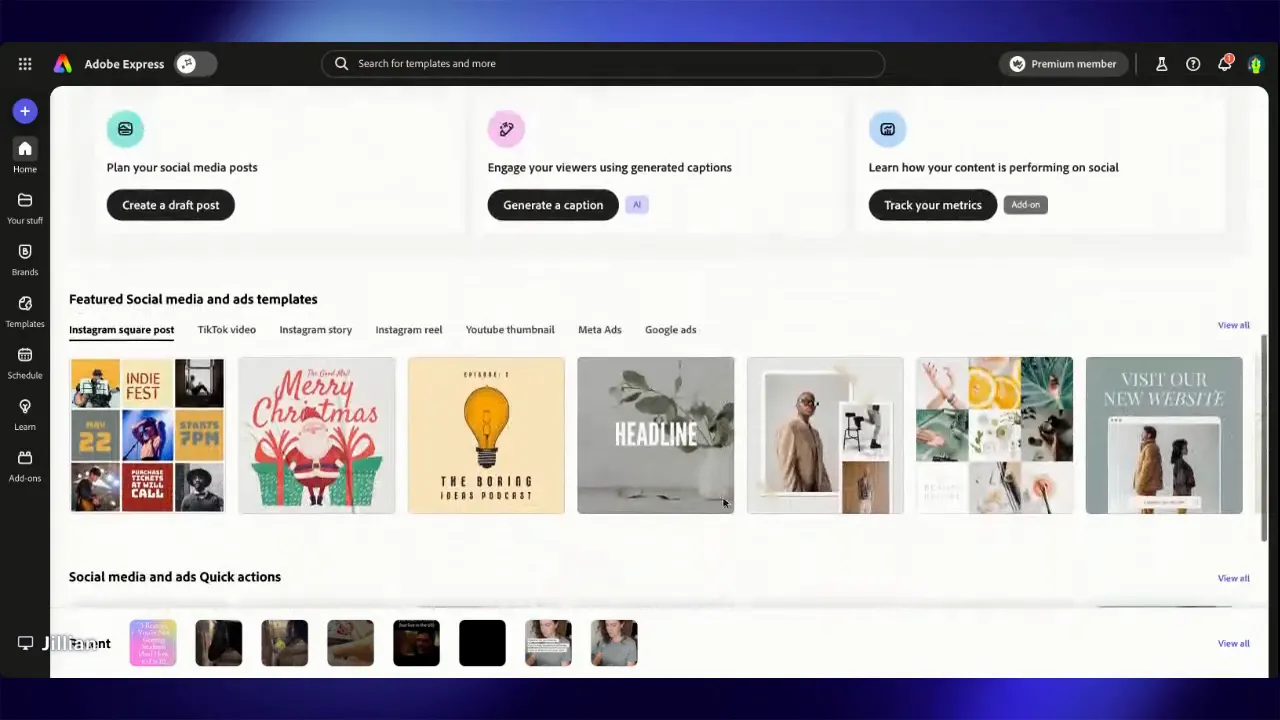 Adobe Express featured social media and ads templates gallery showing multiple full-size template thumbnails (example designs) and quick action buttons above.