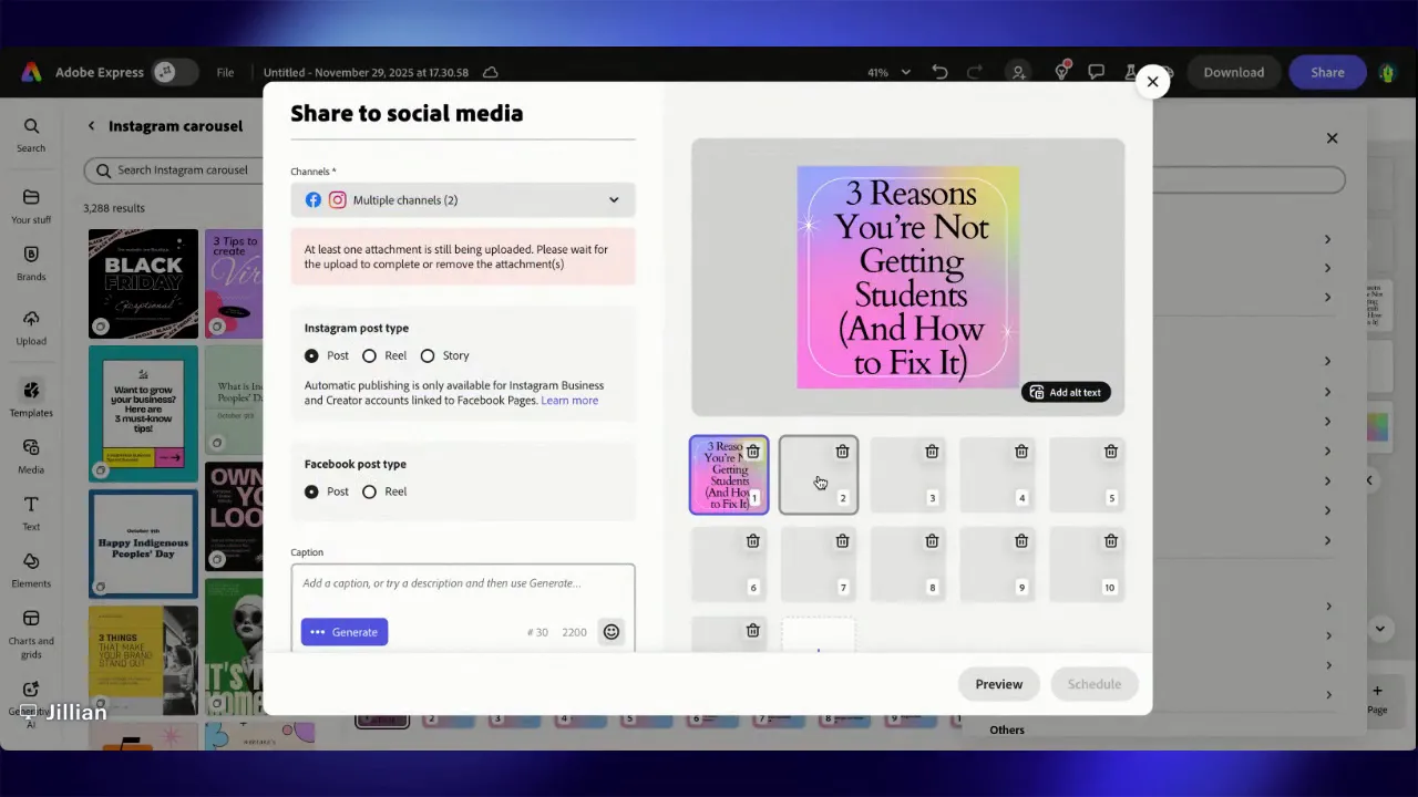 Adobe Express 'Share to social media' scheduling dialog with a large preview, an 'attachment still being uploaded' notice and numbered carousel slide thumbnails for ordering.