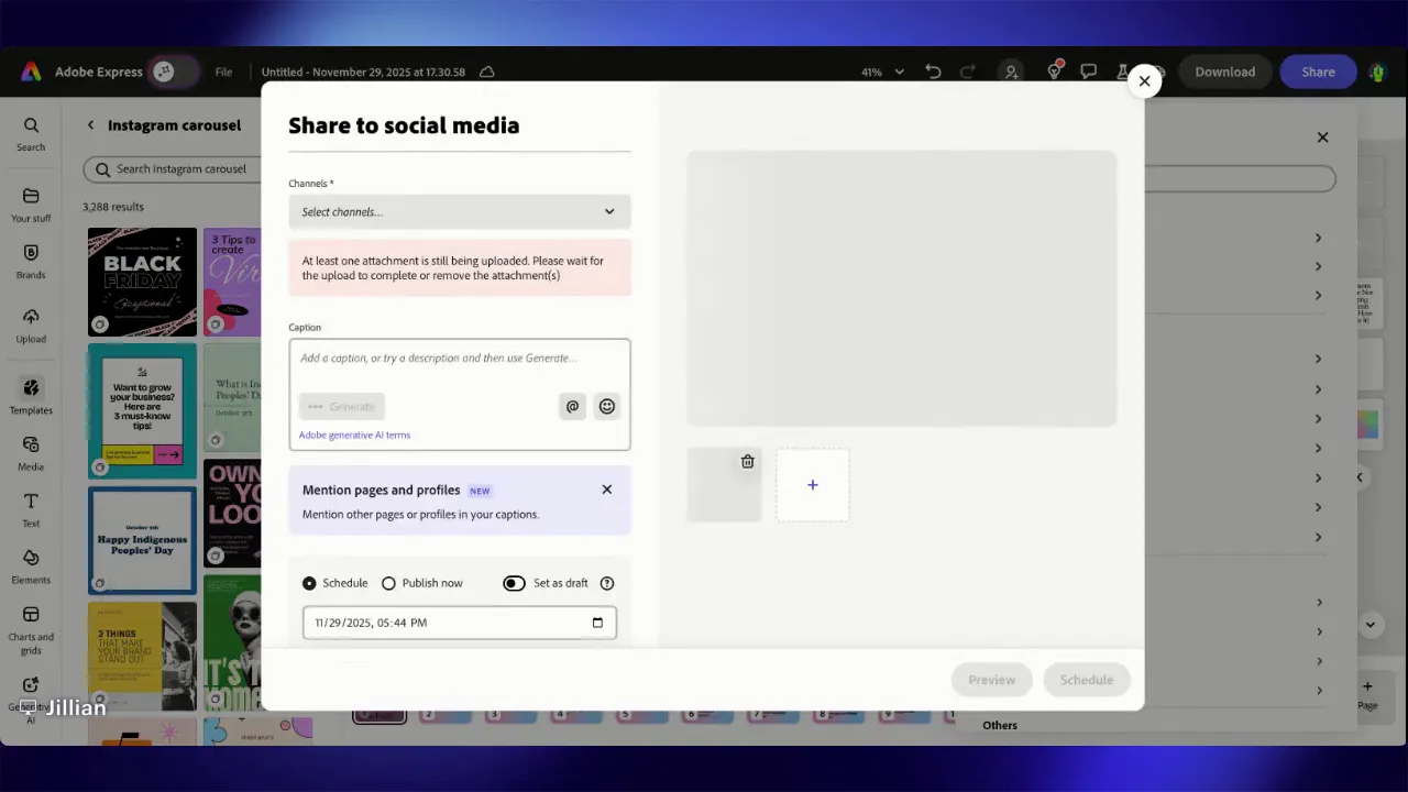 Adobe Express 'Share to social media' scheduling dialog showing channels dropdown, caption box and schedule/publish options