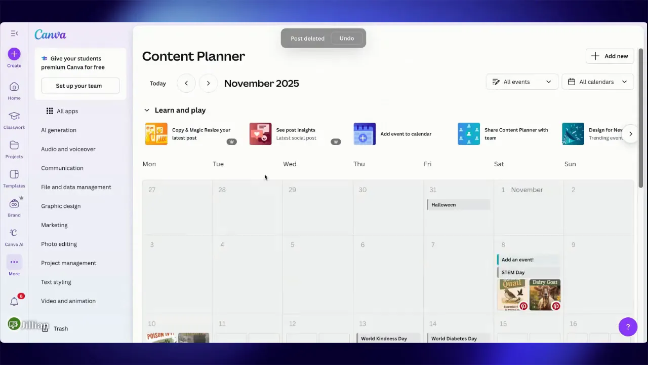 Canva Content Planner header and monthly calendar (November 2025) with left sidebar, filters and event thumbnails — clear view of the planner interface.