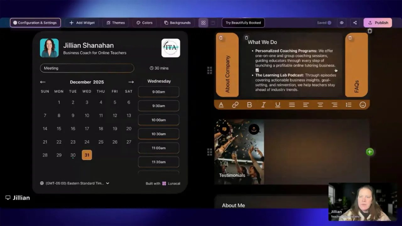 LunaCal first-time setup screen showing calendar, time slots, and prefilled 'What We Do' content.