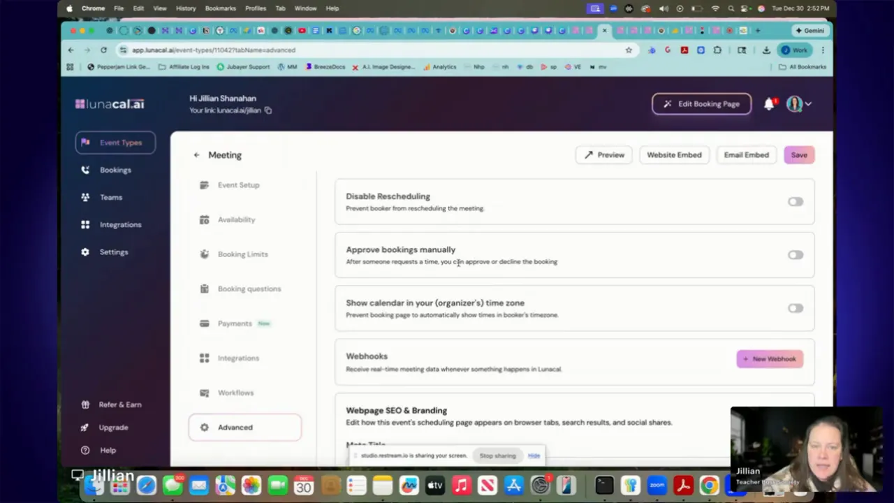 LunaCal advanced settings highlighting the 'Approve bookings manually' toggle, Webhooks and webpage SEO & branding controls