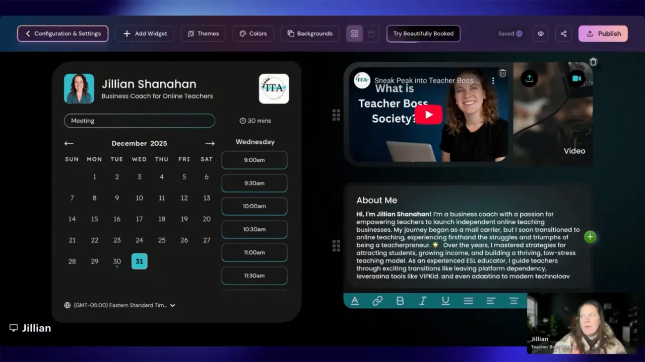 High-clarity LunaCal booking page screenshot showing the scheduler calendar on the left and a video embed plus About Me content on the right.