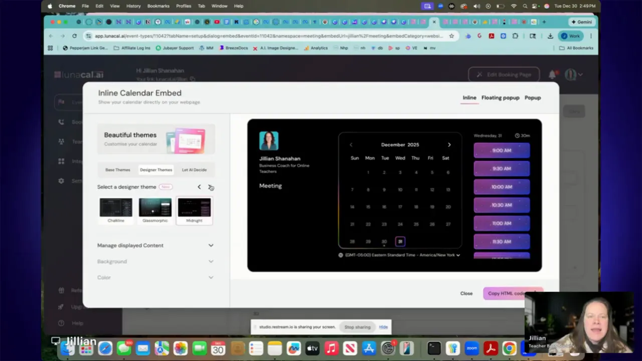 High-clarity LunaCal Inline Calendar Embed modal showing Inline/Floating popup options and a purple-themed time-slot list
