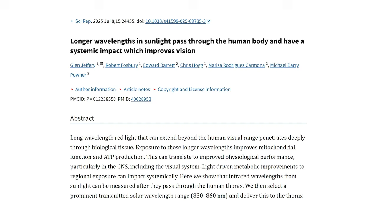 Screenshot of a scientific paper titled 'Longer wavelengths in sunlight pass through the human body' showing the abstract about 830–860 nm penetration.