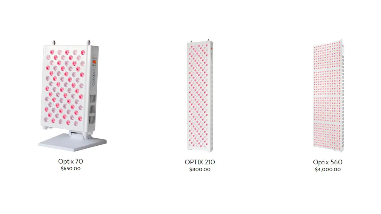 Three Optix red light panels labeled Optix 70, OPTIX 210 and Optix 560 shown side-by-side on a white background