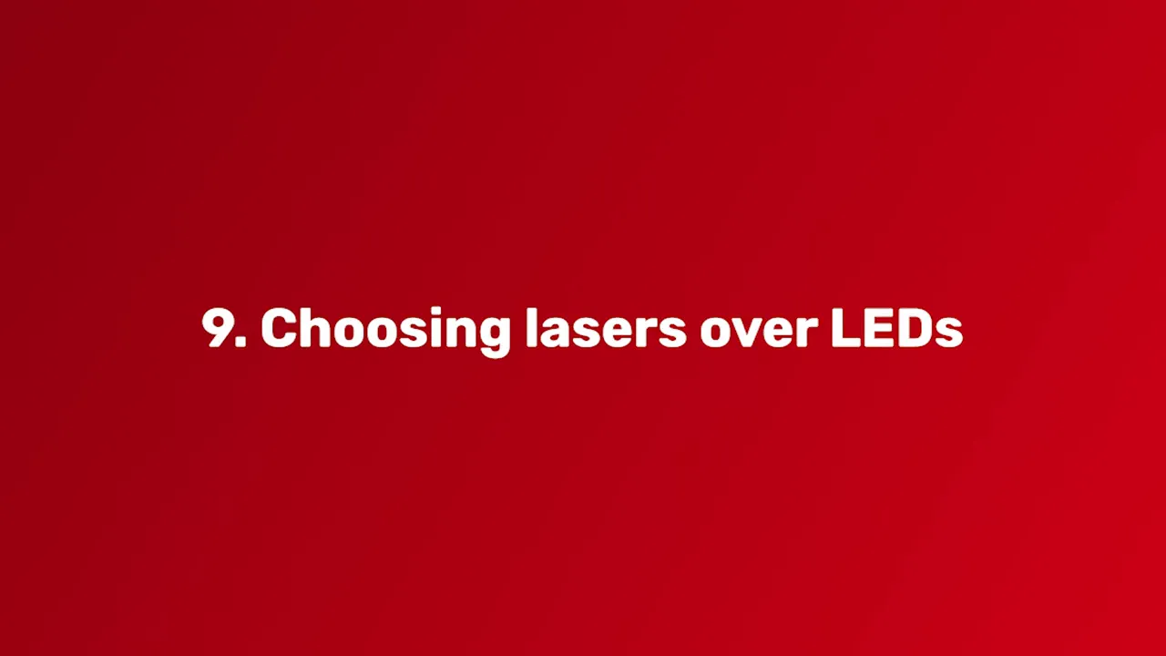 Red slide that reads '9. Choosing lasers over LEDs' in white text