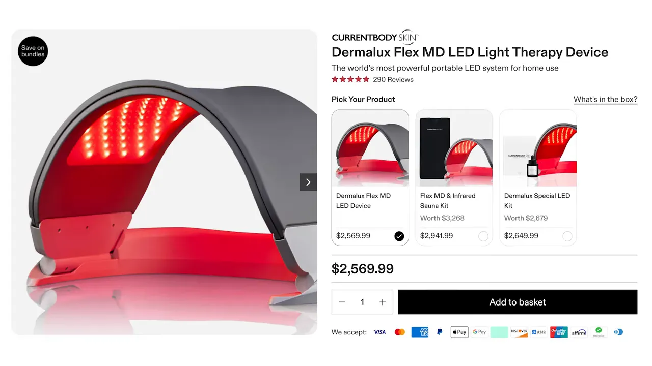 Dermalux Flex MD LED light therapy device product page showing the flexible red LED panel
