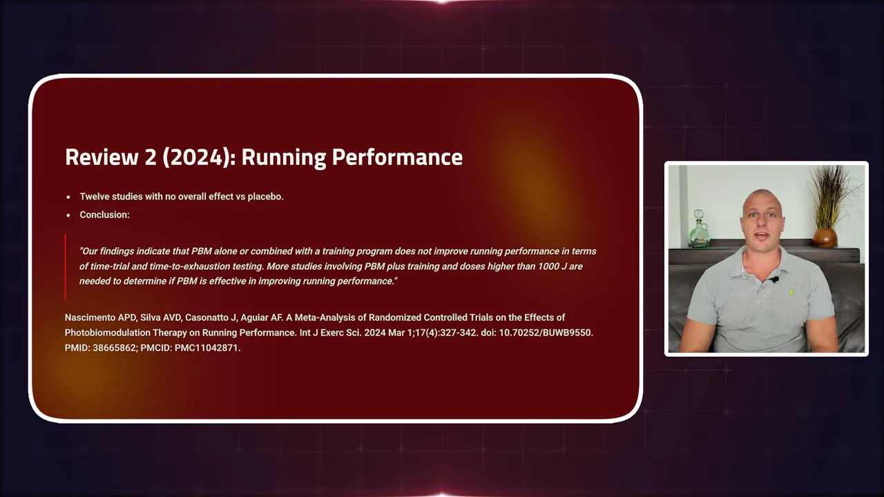 Slide titled 'Review 2 (2024): Running Performance' with a presenter inset on the right