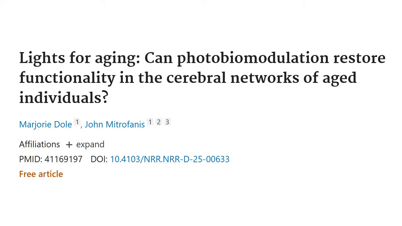 Screenshot of a journal article title: 'Lights for aging: Can photobiomodulation restore functionality in the cerebral networks of aged individuals?'