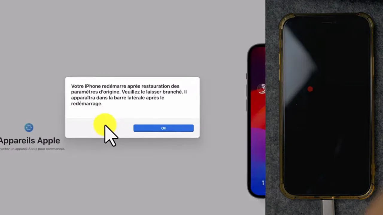 Fenêtre Appareils Apple demandant de confirmer la restauration de l iPhone