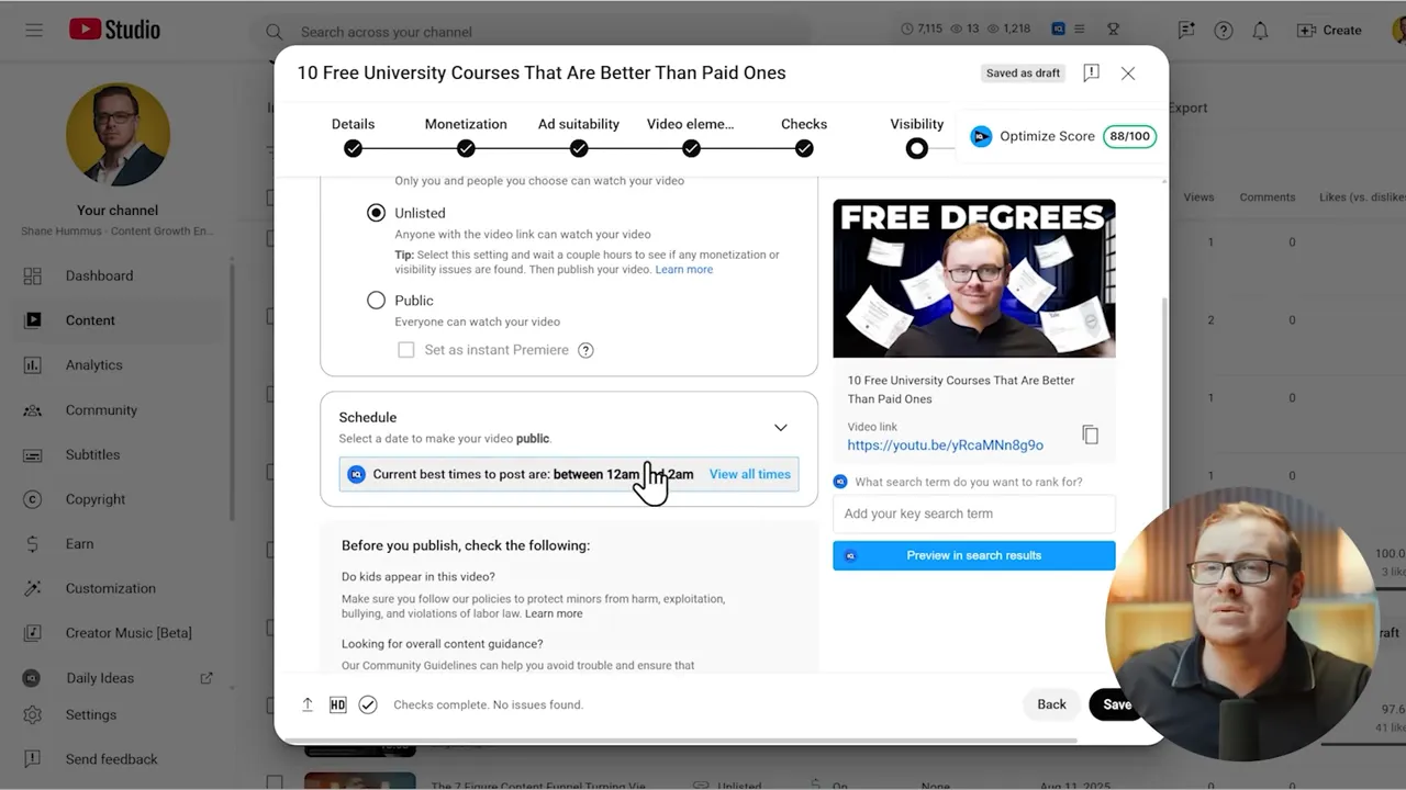 YouTube Studio upload dialog with the 'Unlisted' visibility option selected, schedule hint about best times to post, video preview on the right, and a presenter inset circle.