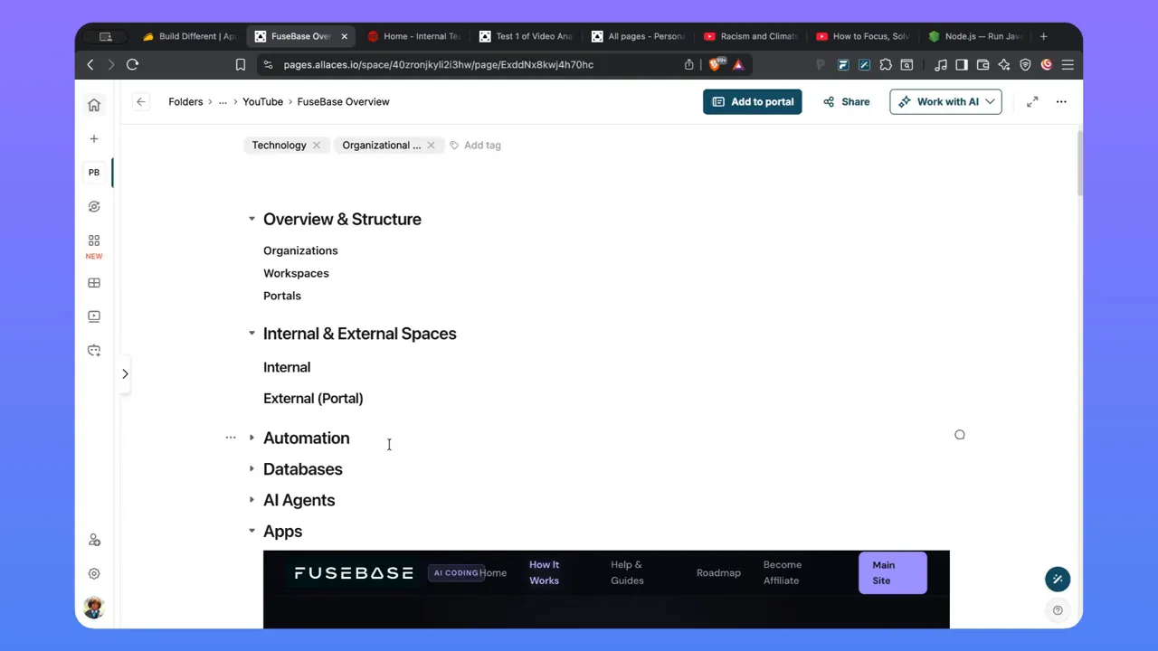 FuseBase structure overview showing organizations, workspaces, portals, automation, databases, AI agents, and apps