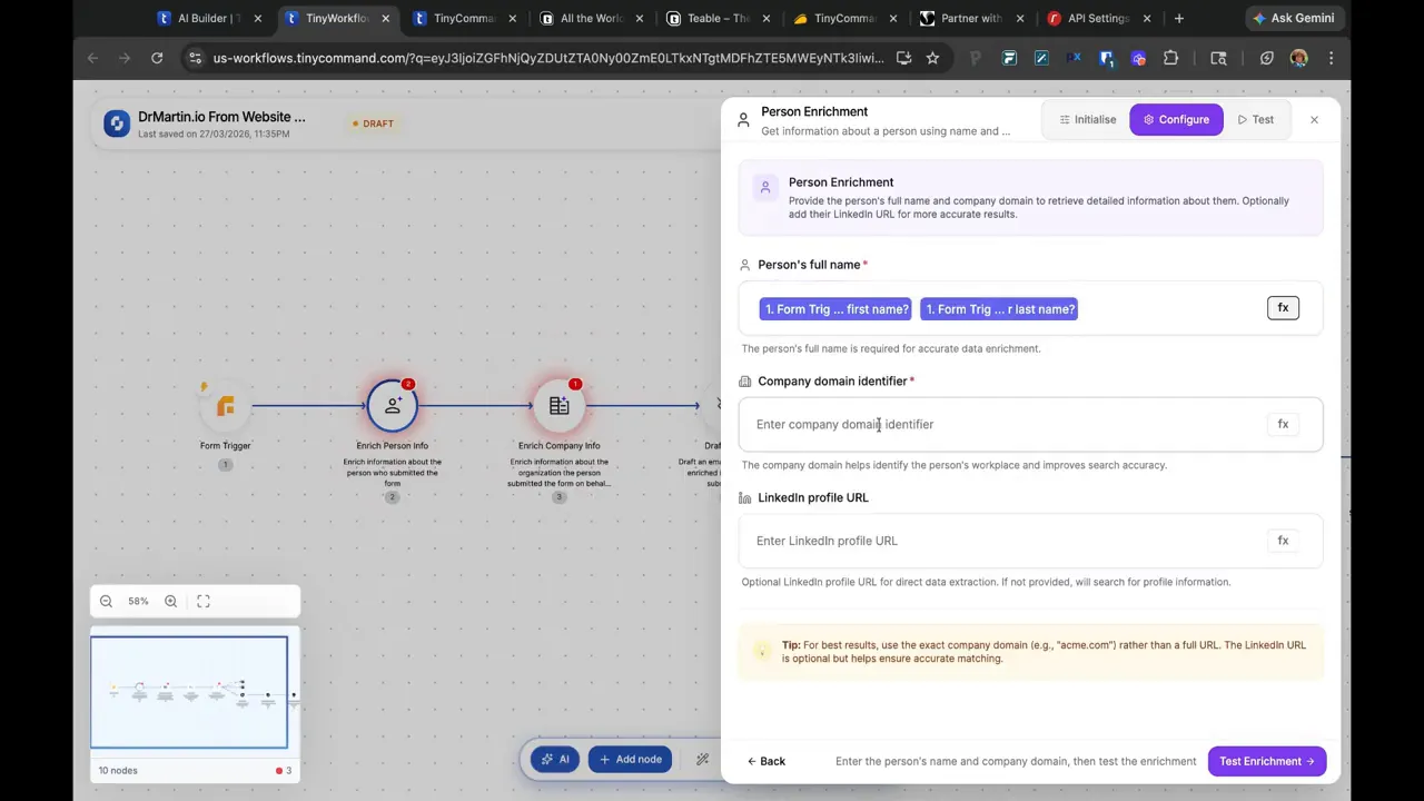 TinyCommand workflow showing Person Enrichment configuration with name and company domain fields
