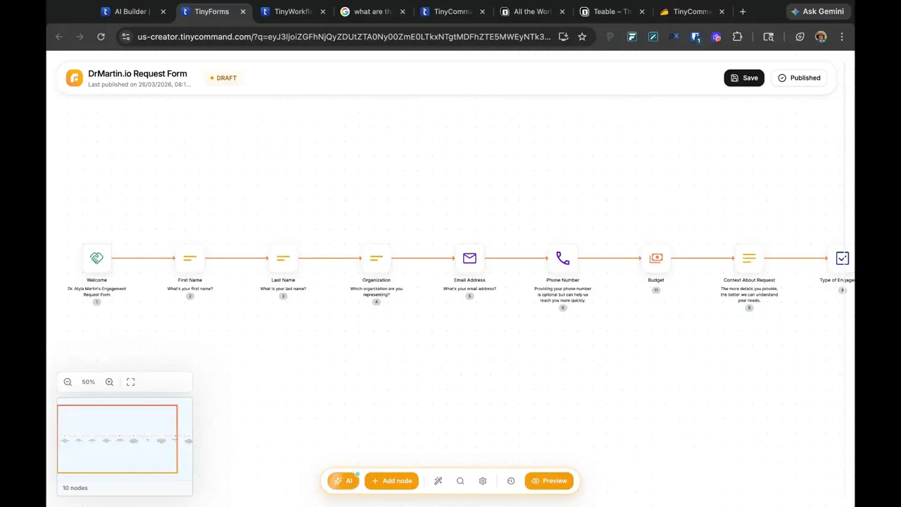 TinyForms lead intake form builder with nodes for contact and budget fields