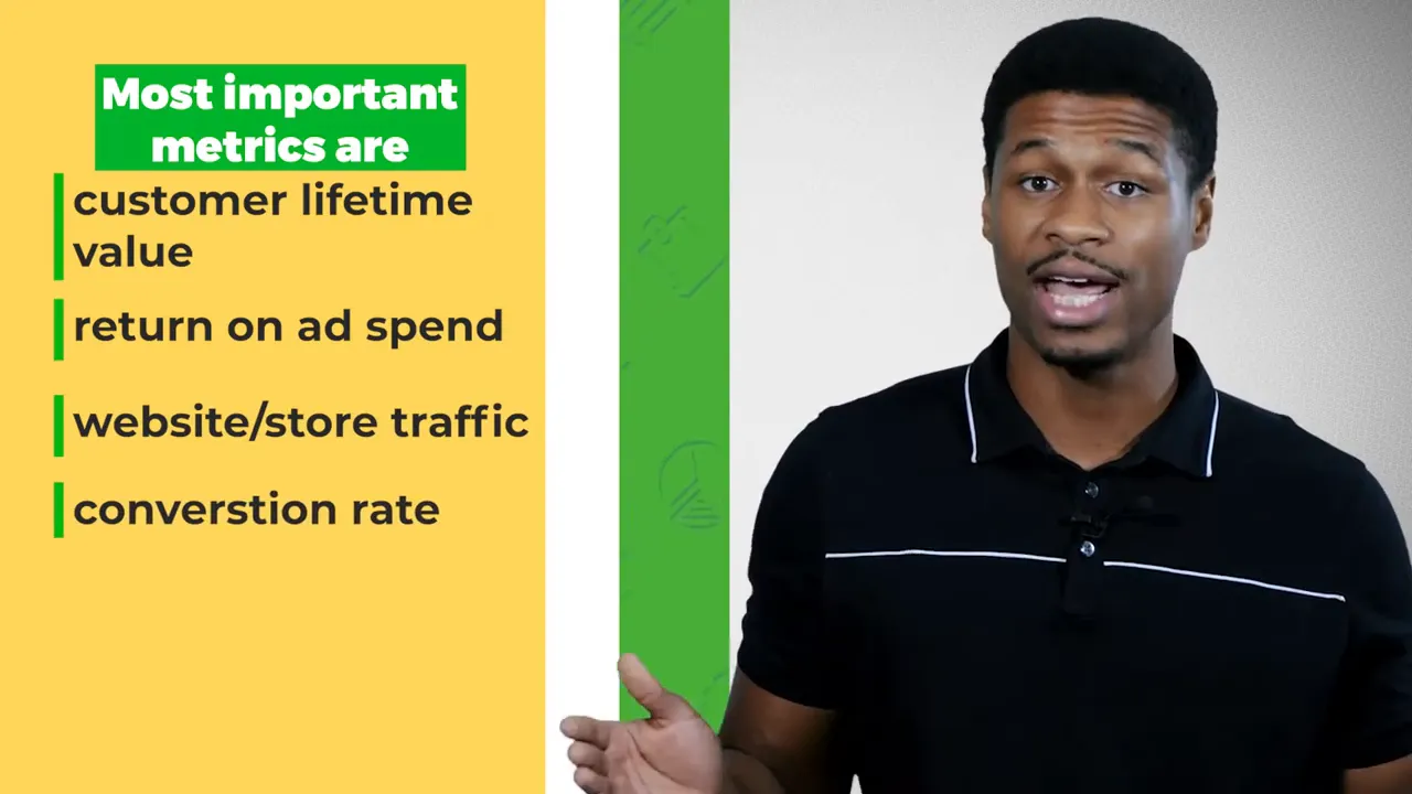 Slide listing most important metrics: customer lifetime value, return on ad spend, website/store traffic, conversion rate alongside presenter