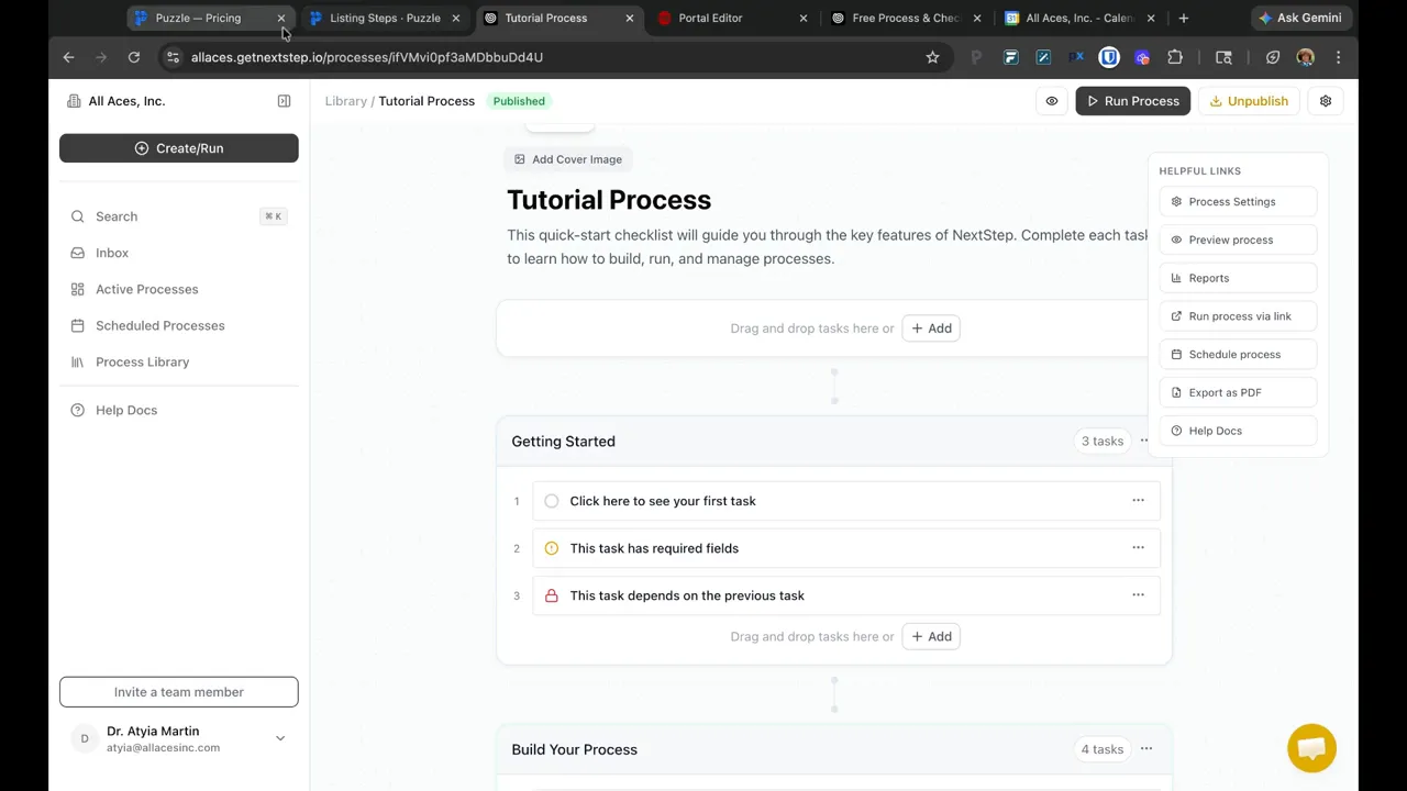 NextStep tutorial process checklist showing tasks with required fields and dependencies