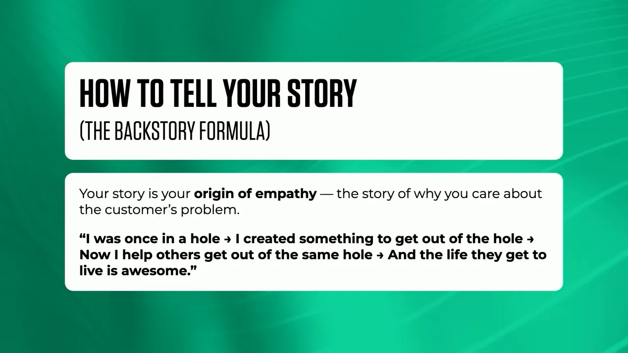 Slide titled 'How to Tell Your Story' showing the backstory formula and example one‑sentence summary.