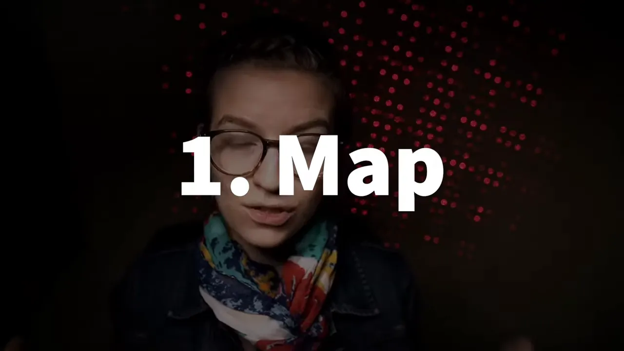 Title slide reading '1. Map' over a presenter with red dotted background