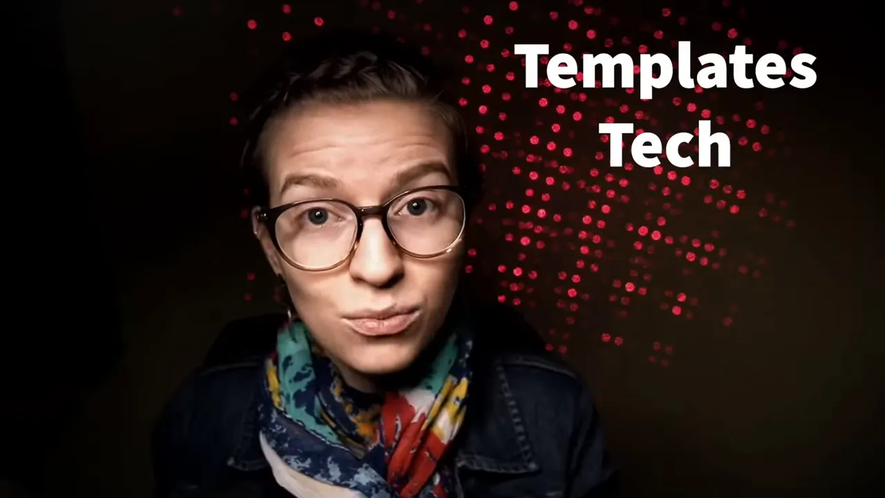 Presenter in front of red bokeh background with large text overlay reading 'Templates Tech'.
