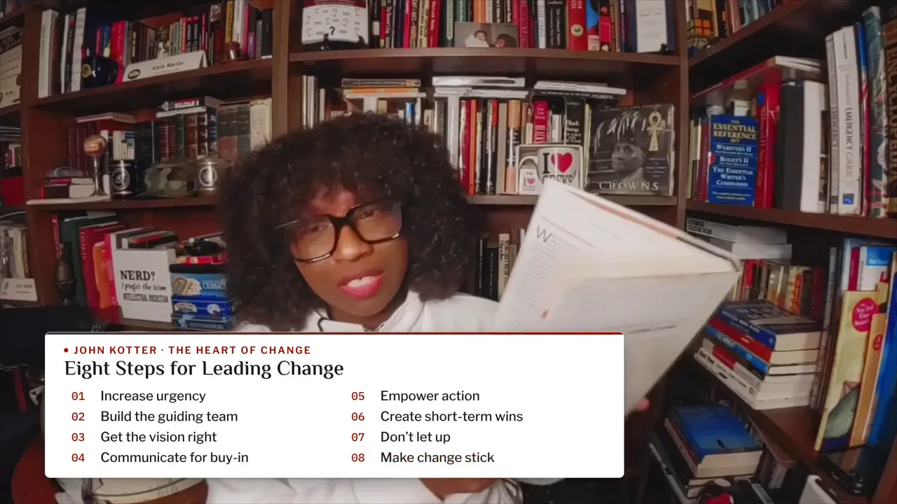 On-screen list of eight steps for leading change beneath an open book