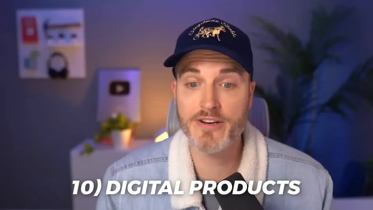 Presenter speaking to camera with bold on-screen text '10) DIGITAL PRODUCTS' and studio background.