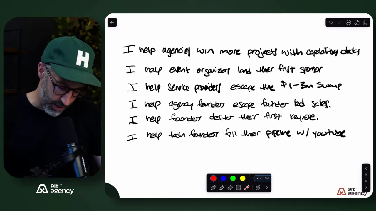 Presenter beside a clean whiteboard showing a list of 'I help' positioning statements