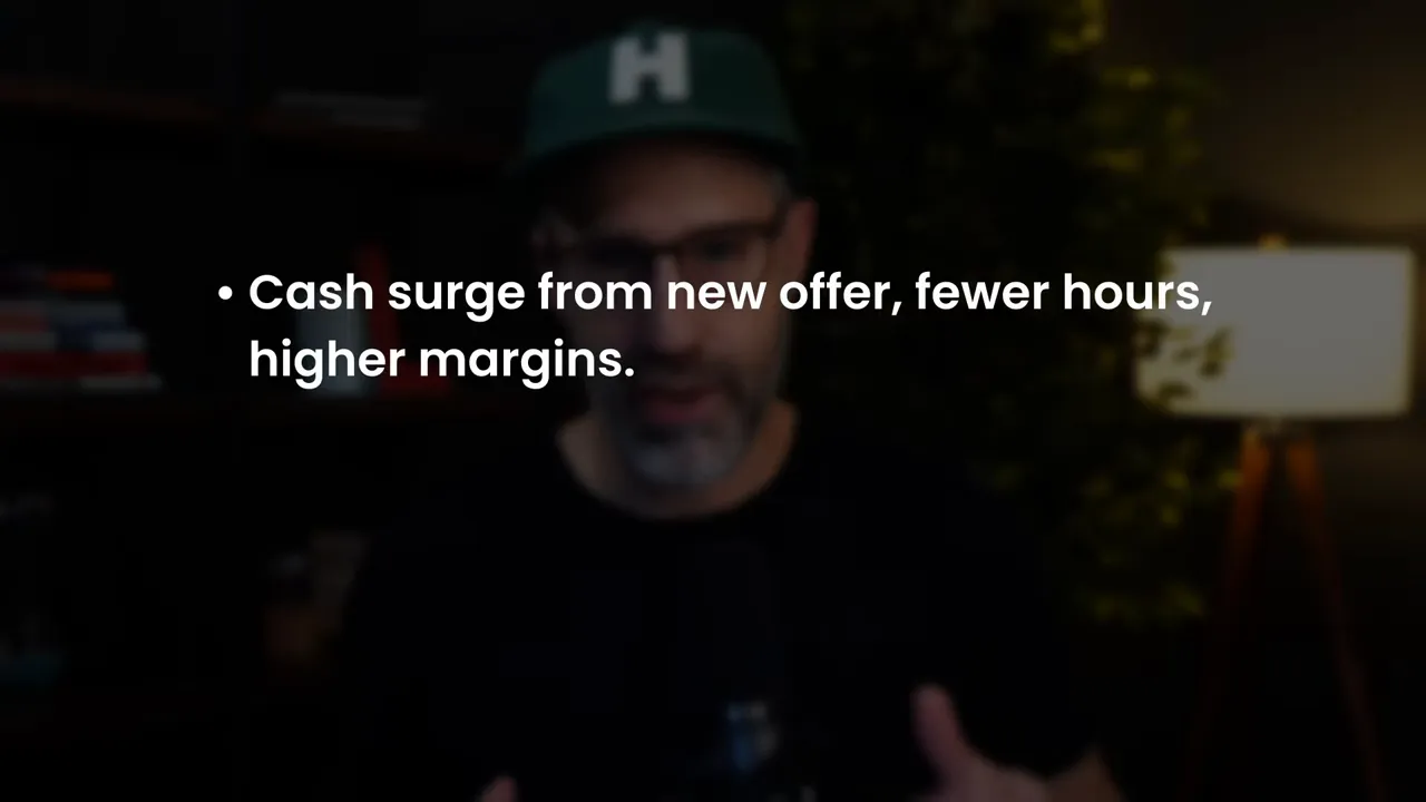 Presentation slide reading 'Cash surge from new offer, fewer hours, higher margins' over a blurred presenter and studio background.