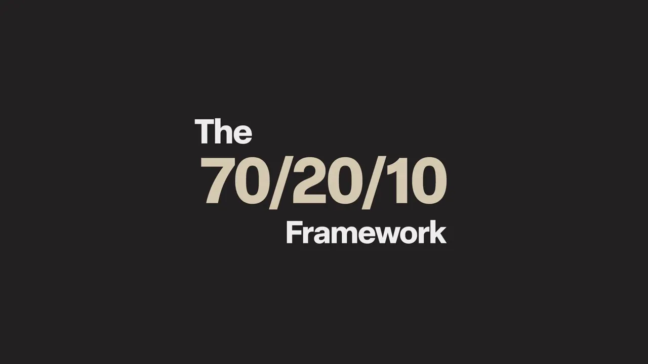 Slide reading 'The 70/20/10 Framework' on a dark background