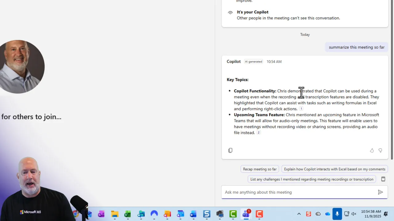 Microsoft Teams meeting screen showing the Copilot pane with an AI-generated 'Key Topics' summary and the user prompt 'summarize this meeting so far'.