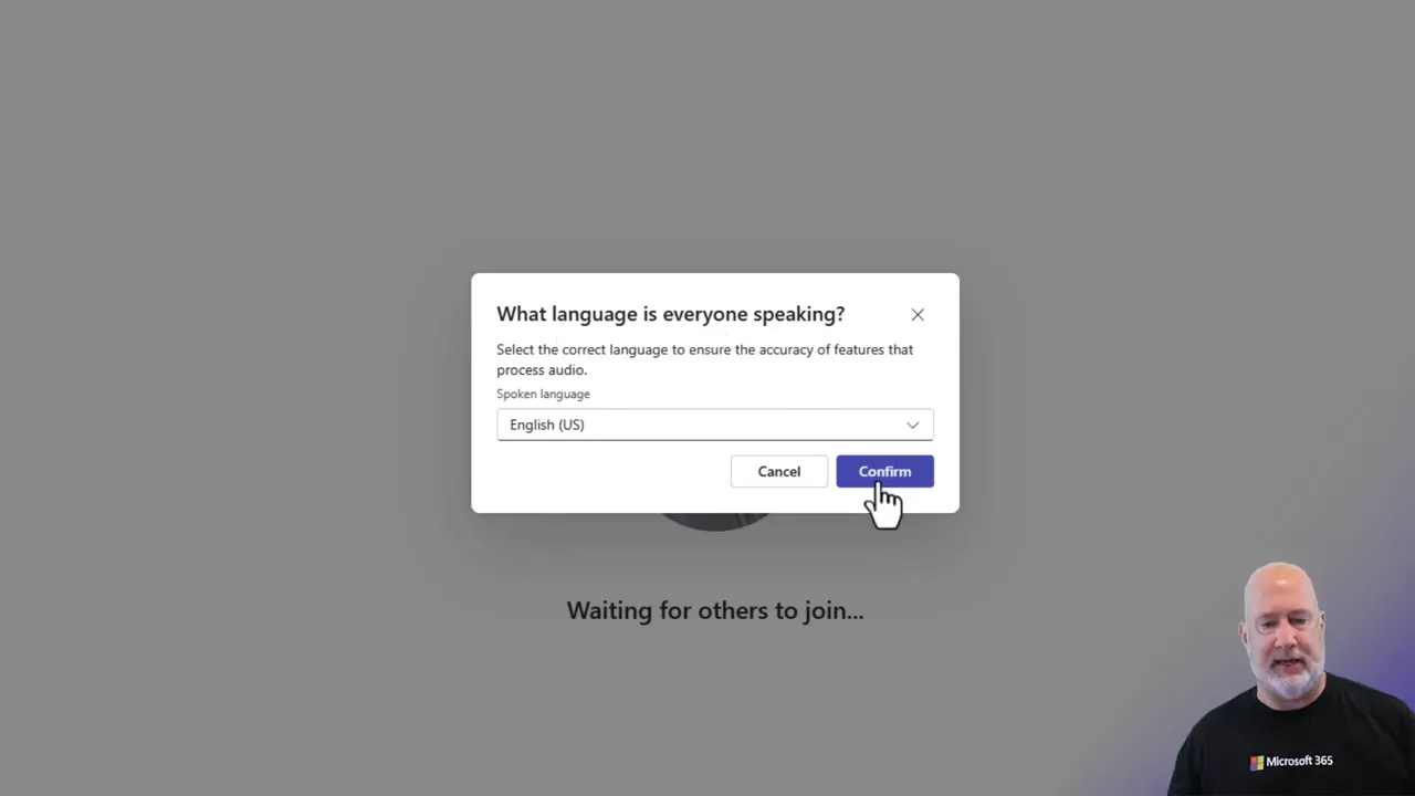 Microsoft Teams dialog asking 'What language is everyone speaking?' with English (US) selected and a Confirm button.