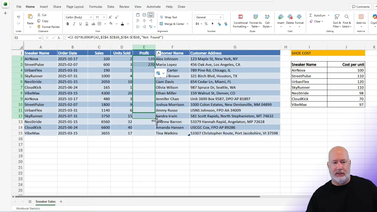Excel worksheet showing Profit column with XLOOKUP formula in the formula bar and the lookup table on the right.