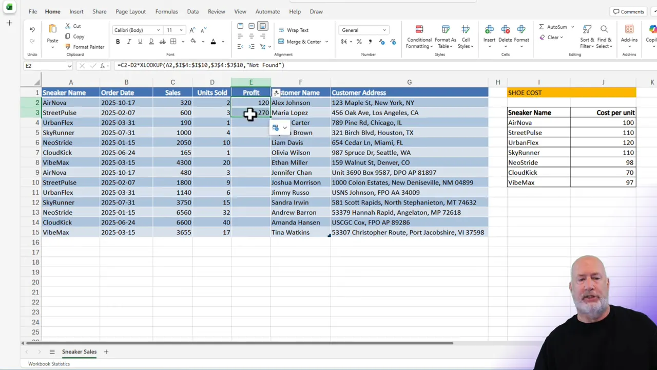 Clear Excel screenshot showing Profit column with row 2 = 120 and row 3 = 270 and the lookup table visible on the right.