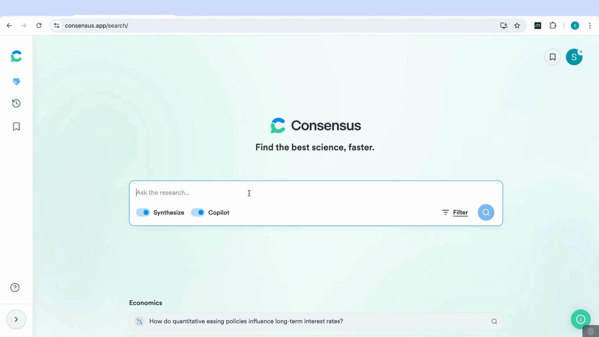 Consensus AI homepage with features visible