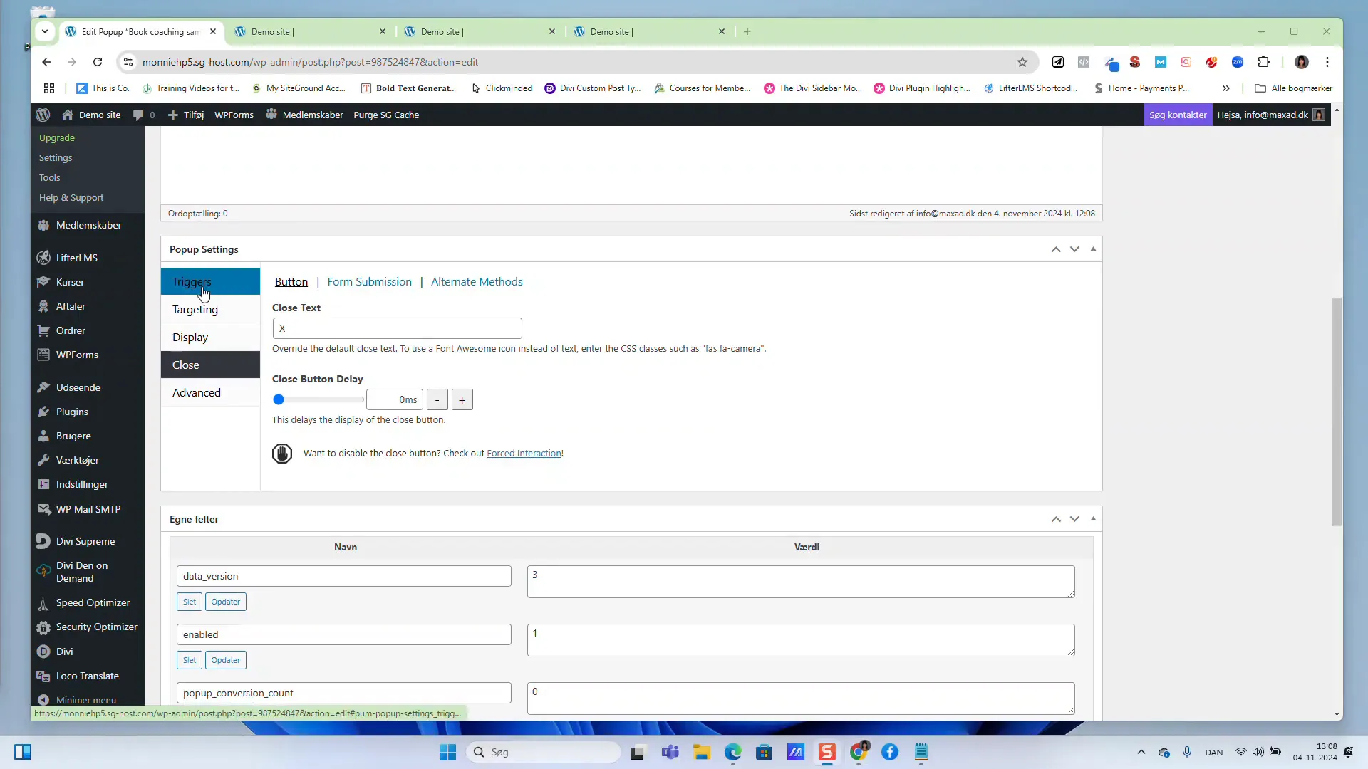 Indstilling af trigger for popup