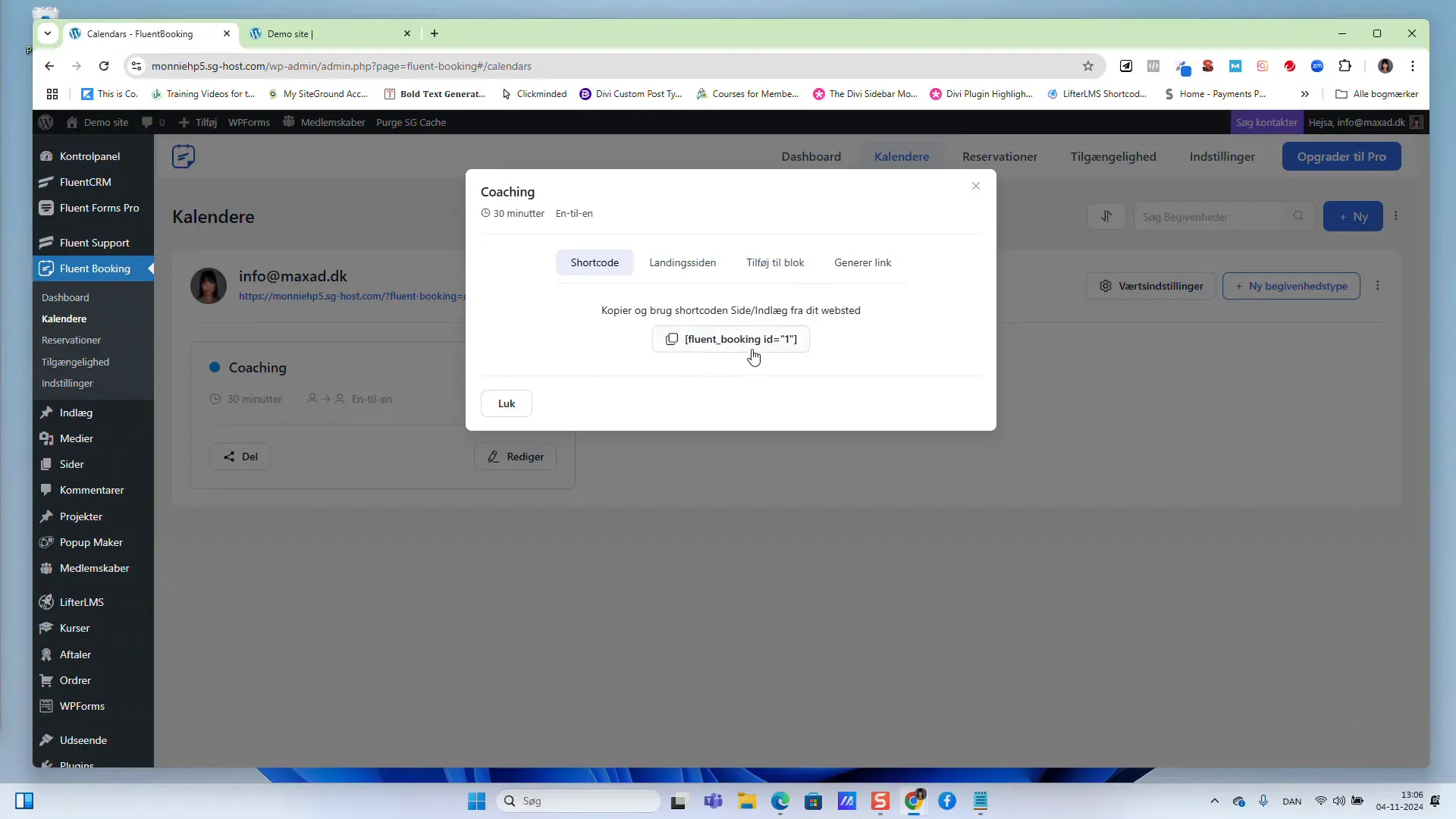 Kopiering af shortcode fra Fluentbooking