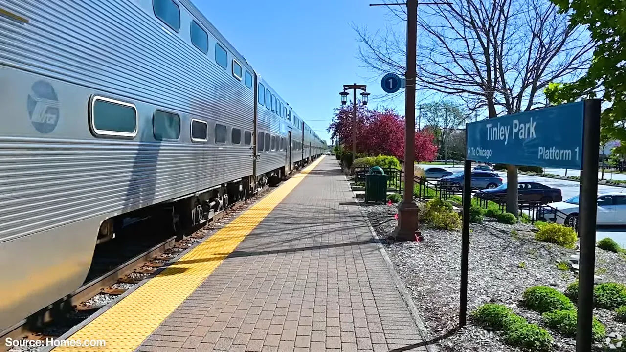 Metra train stopped beside the Tinley Park station platform sign