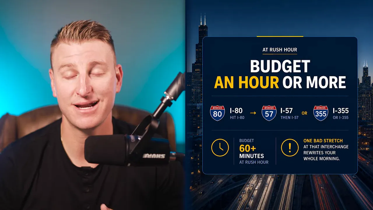 Commute graphic showing a budget of an hour or more from Frankfort to Chicago