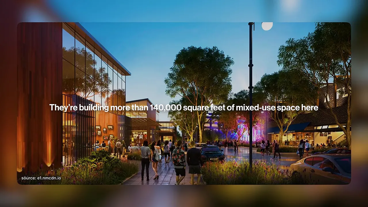 Rendering of a tree-lined downtown street with shops, pedestrians, and outdoor seating
