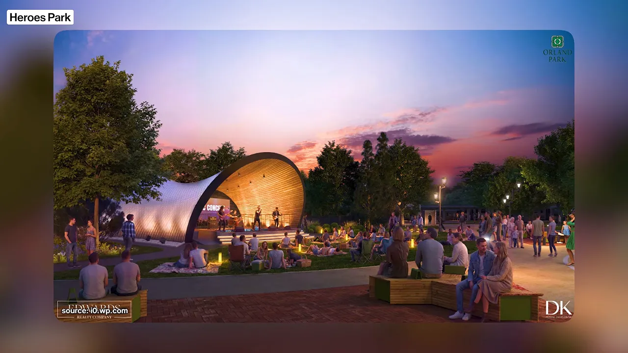 Rendering of Heroes Park with a bandshell, lawn seating, trees, and people gathered at dusk